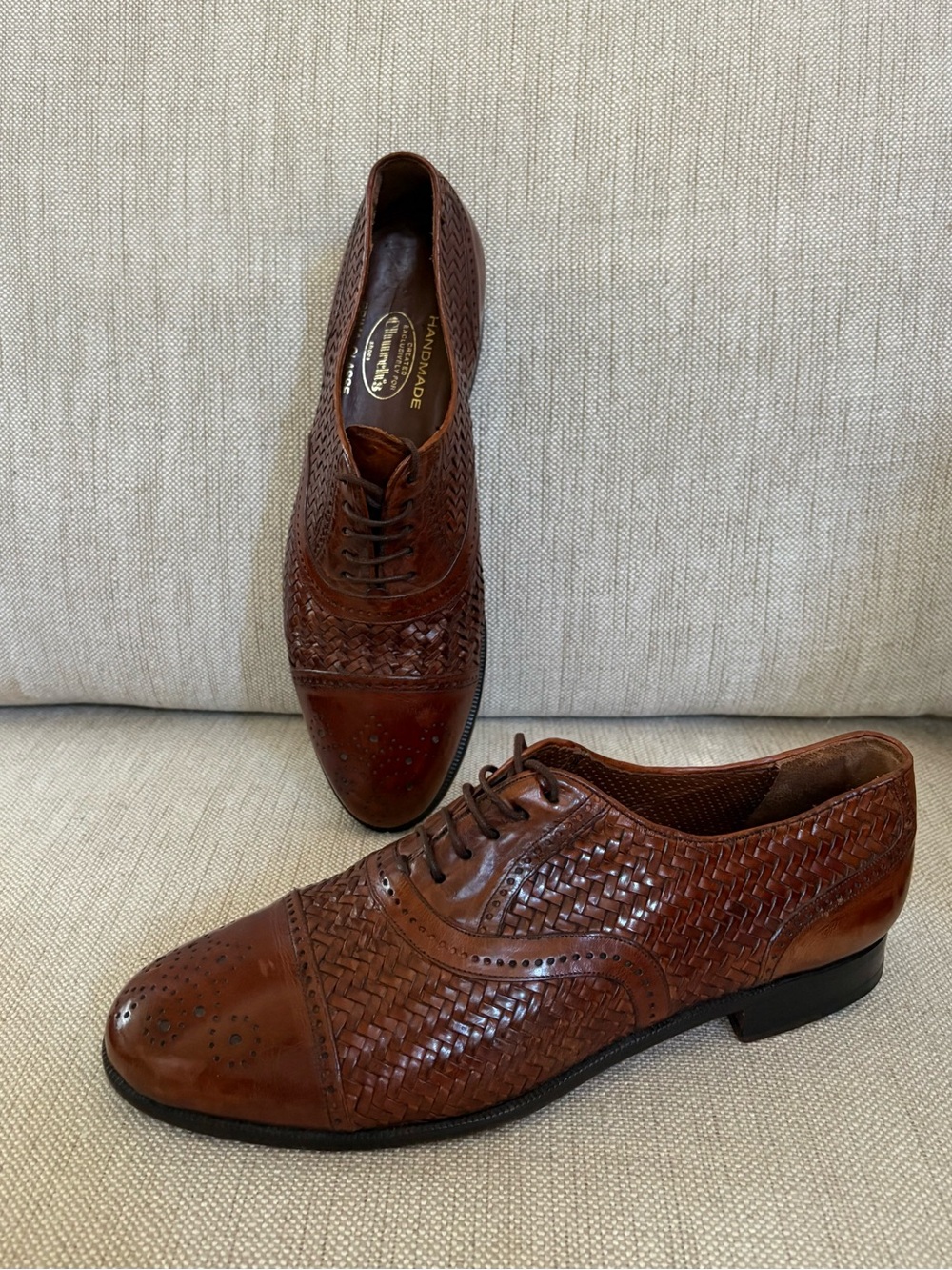 CHURCH’S Prima Classe Woven Leather Oxfords Cap Toe Brown Mens 8.5 Made in Spain